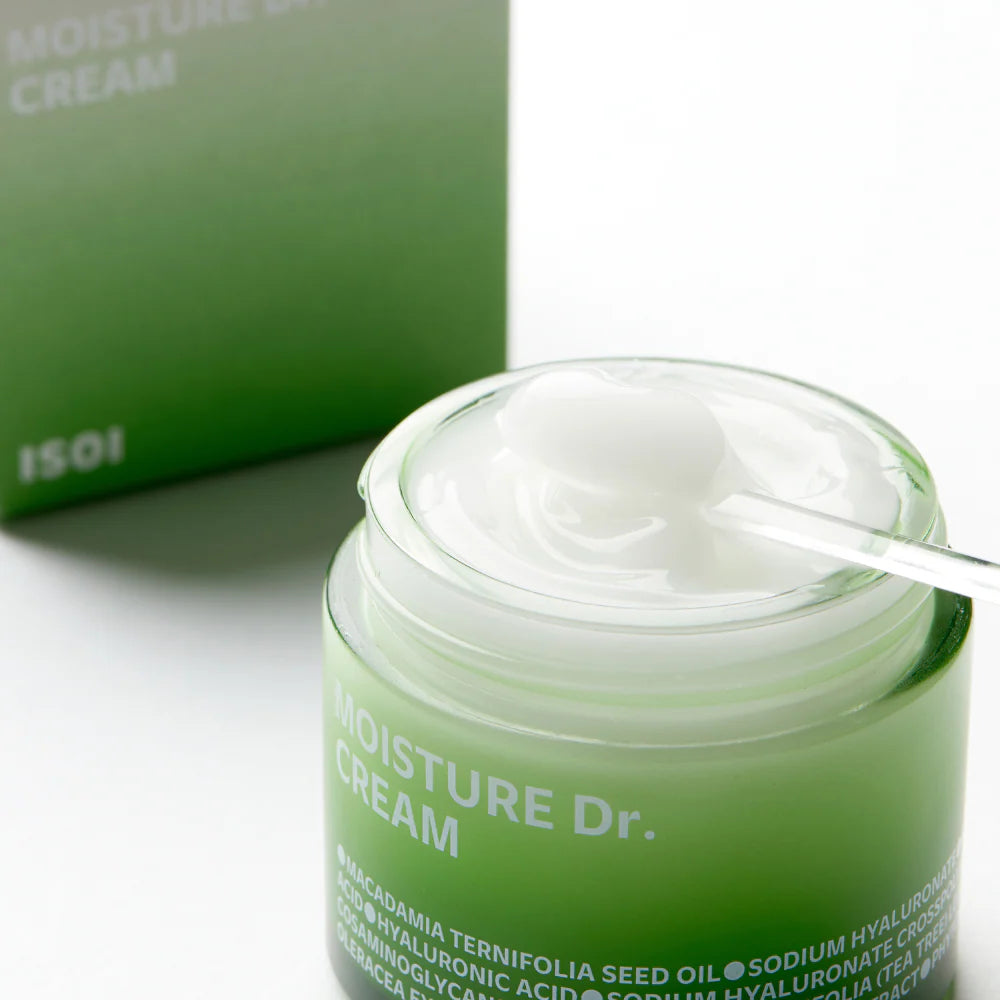 Green ISOI jar of moisture cream with a white lid on a white background for combination skin