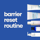 Barrier Care Korean skincare products arranged vertically beside the text "barrier reset routine" on a blue background. The image conveys a calm, clean aesthetic.