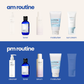 Am routine and pm barrier reset routine skincare products displayed with labels on a white and blue background.
