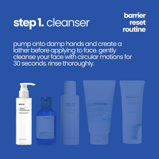Skincare routine graphic titled "Step 1: Cleanser" with instructions on using products. Features five bottles against a blue background, promoting gentle cleansing using Rovvectin Gentle Cleansing Gel.