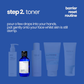 Blue background with white text reading "step 2. toner" and instructions for use of PyunkangYul Essence Toner. Five skincare products are partially visible at the bottom. Tone is informative.