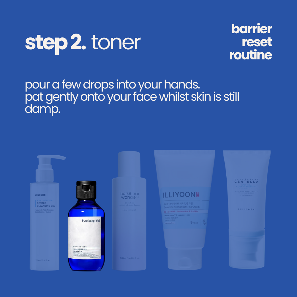 Blue background with white text reading "step 2. toner" and instructions for use of PyunkangYul Essence Toner. Five skincare products are partially visible at the bottom. Tone is informative.