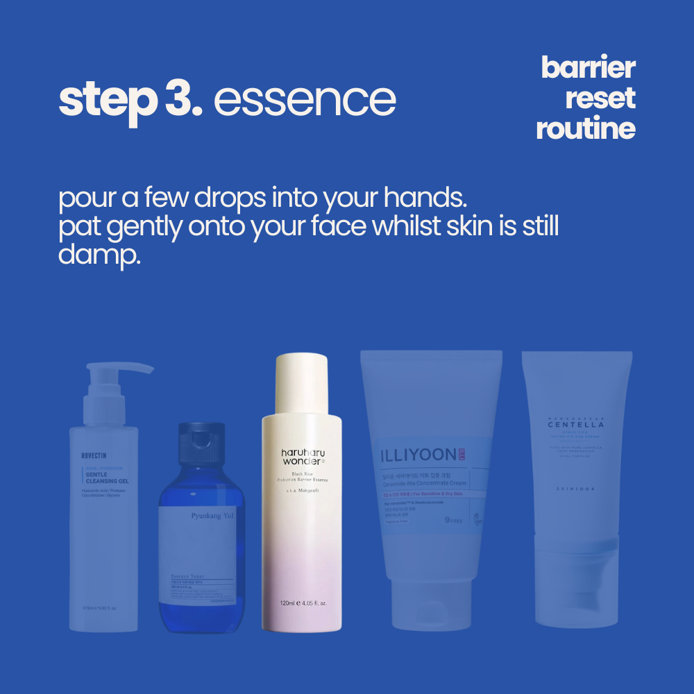 Blue background skincare guide titled "Step 3: Essence." Instructions advise applying Haruharu Wonder Black Rice Probiotics Barrier Essence essence with hands on damp skin. Five partially visible skincare bottles.