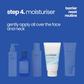 Image of step 4 in a skincare routine, featuring a Illiyoon Ceramide Ato Barrier Cream moisturizer with instructions to apply on face and neck. Blue background, calming tone.