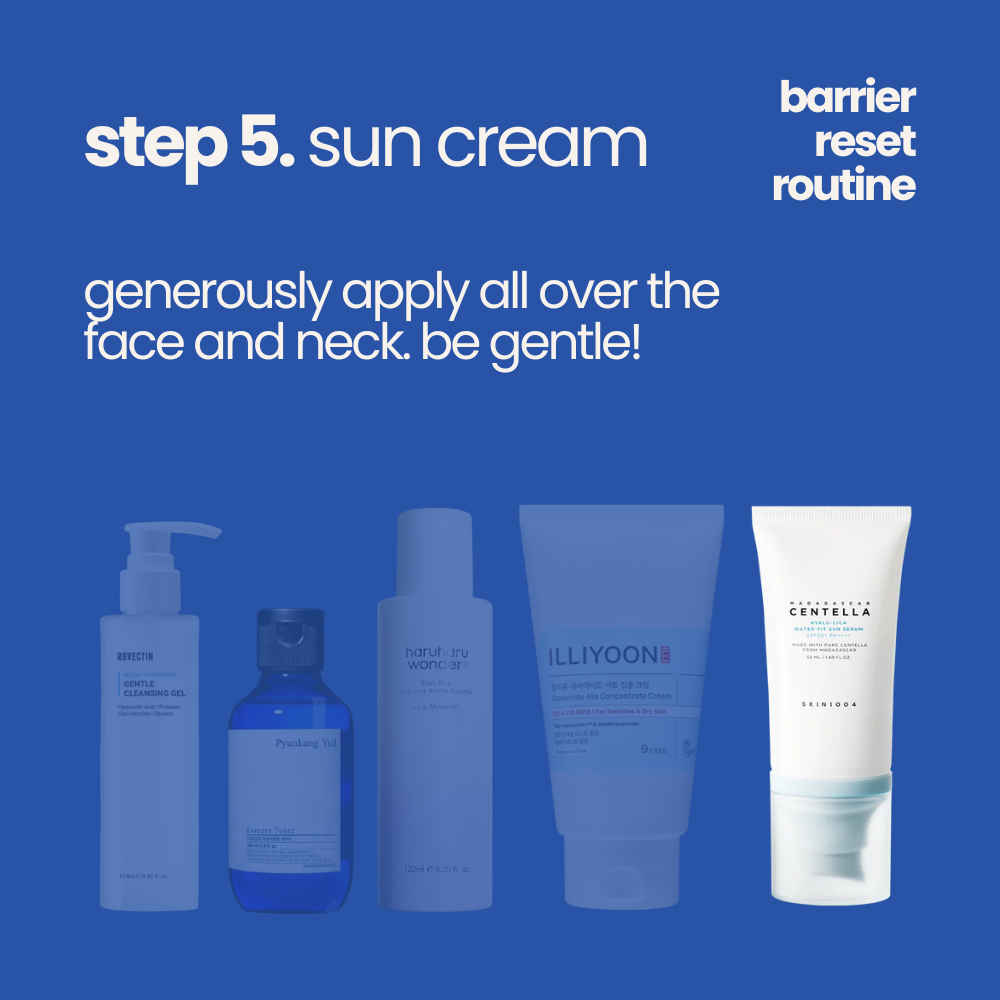 Skincare routine step 5: Skin1004 Madagascar Centella Hyalu Cica Sun cream application. Text advises to apply generously and gently on face and neck. Five skincare products shown below on a blue background, emphasizing a soothing, protective routine.